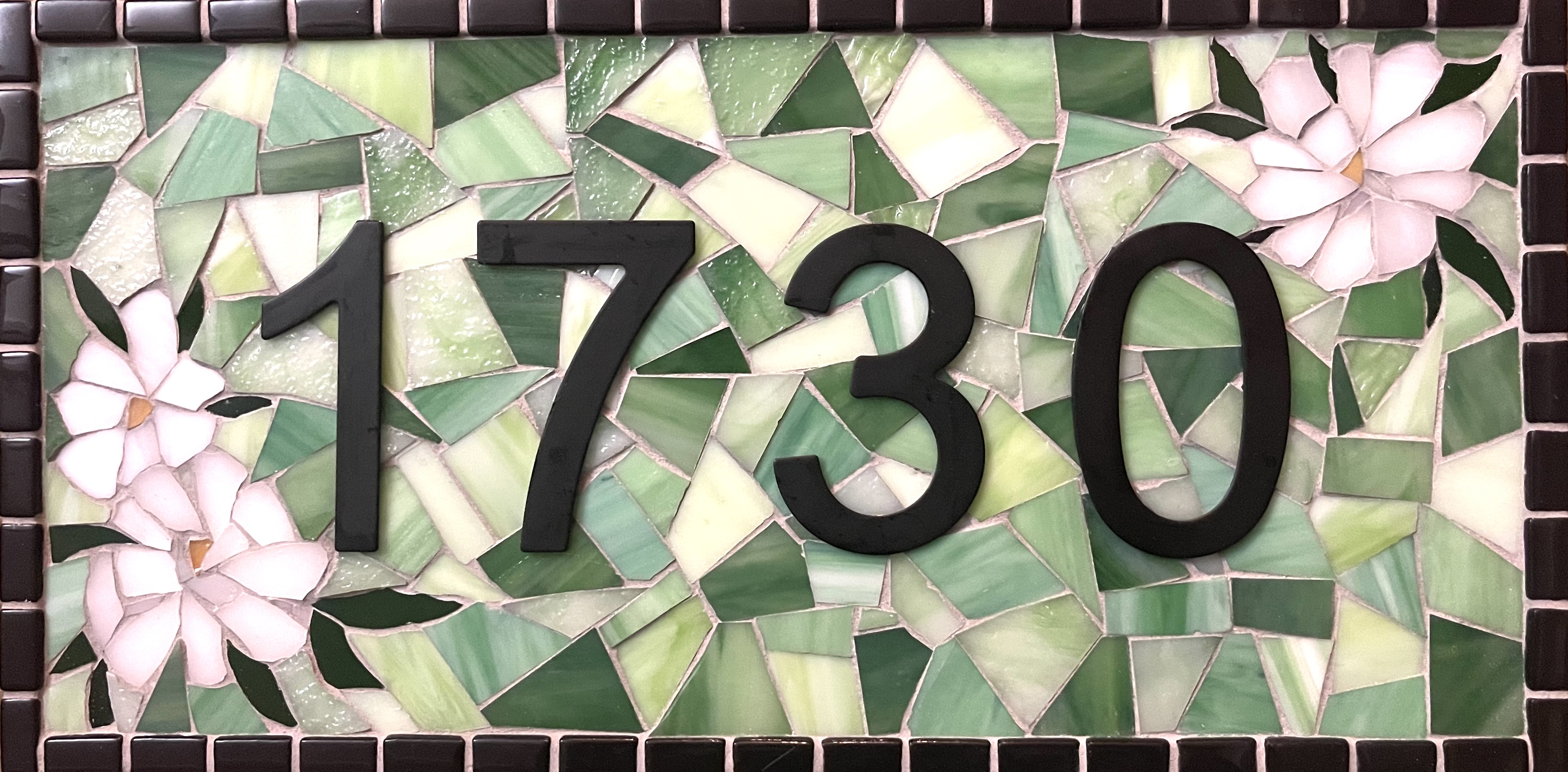 1730 House Numbers.  7”x14” stained glass, glass tile.  Commissioned – SOLD